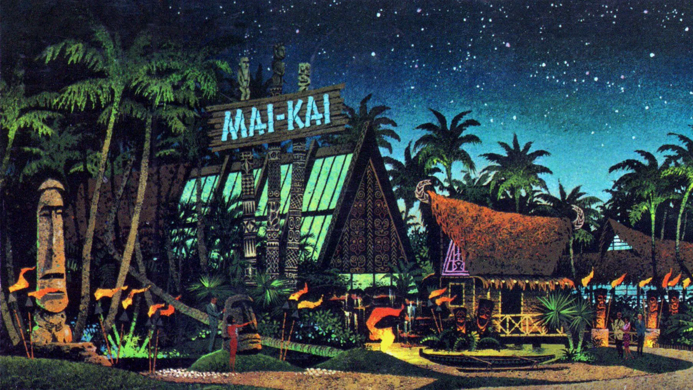 Inside Mai-Kai—carved-tiki interior with the Polynesian Revue stage