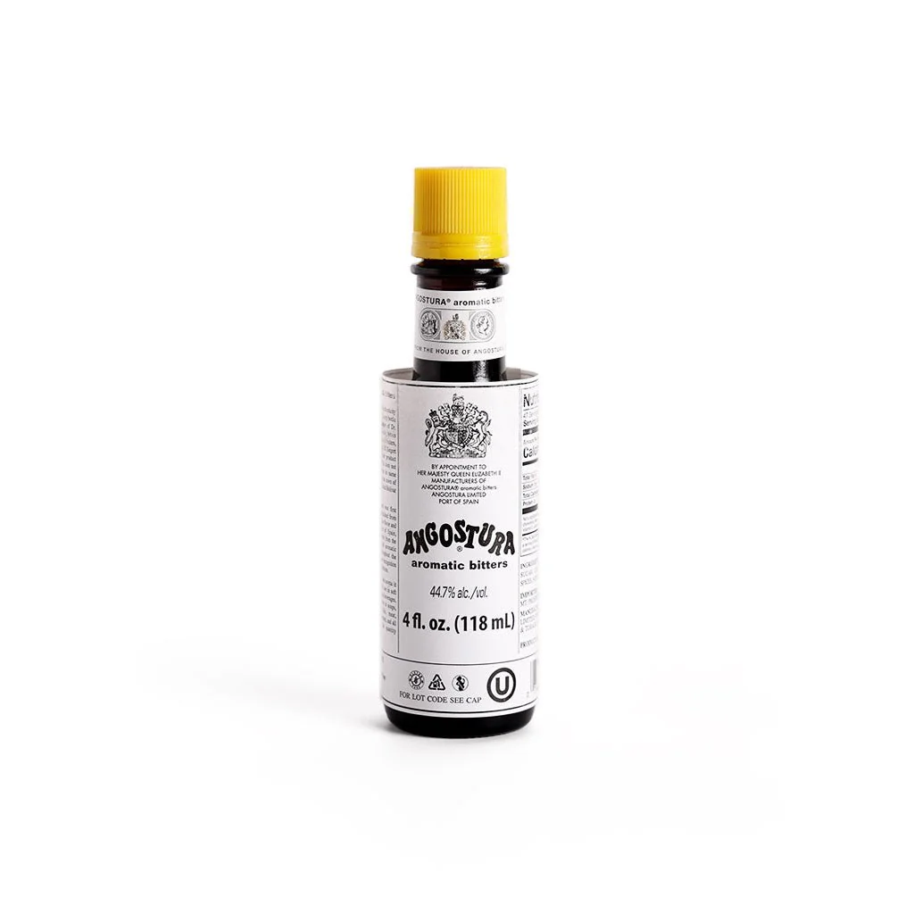 Angostura Aromatic Bitters bottle with the iconic oversized paper label