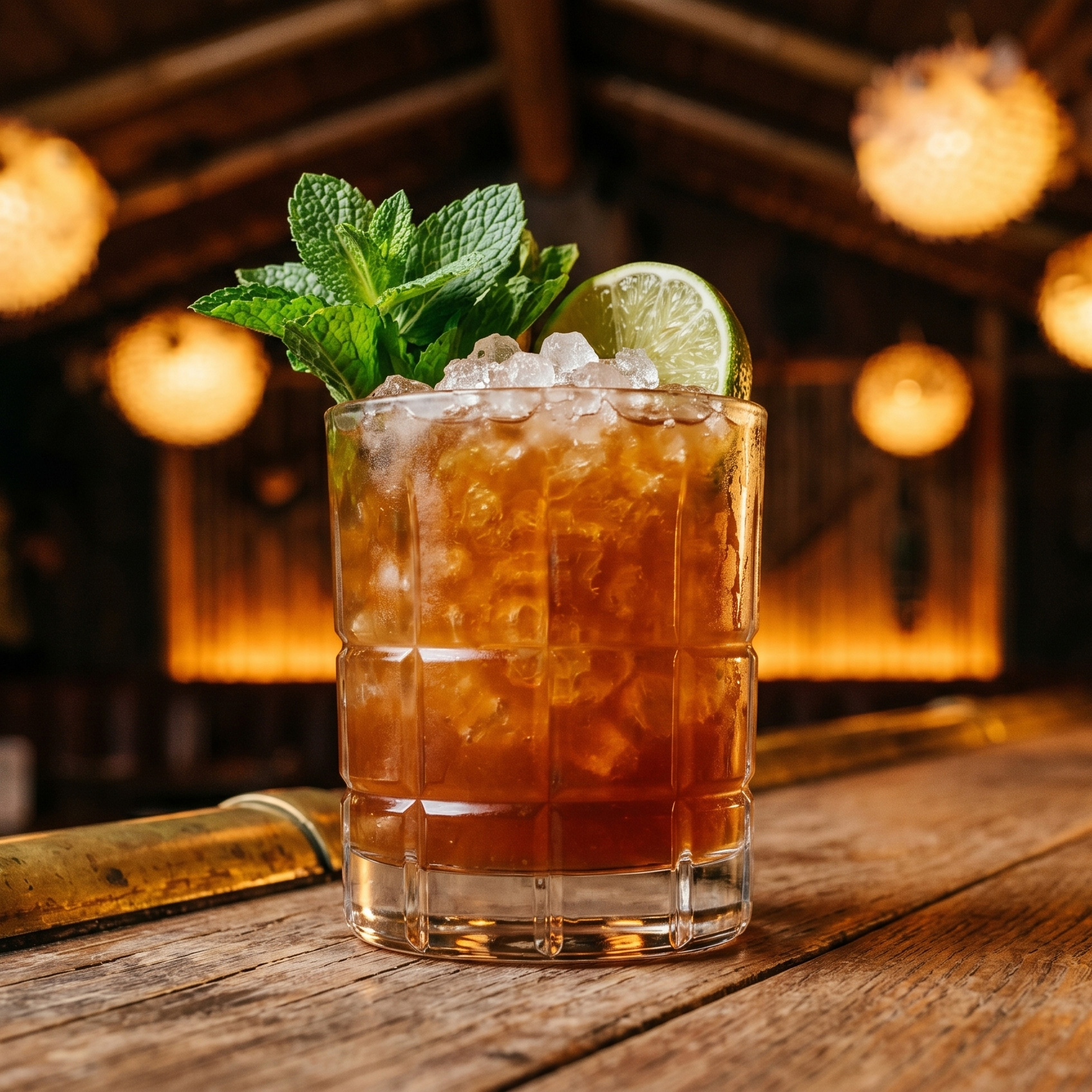 A heavy paneled Old Fashioned glass holding a rum drink with crushed ice, a mint sprig, and a lime wheel, sitting on a wooden bar under tiki-lounge lanterns
