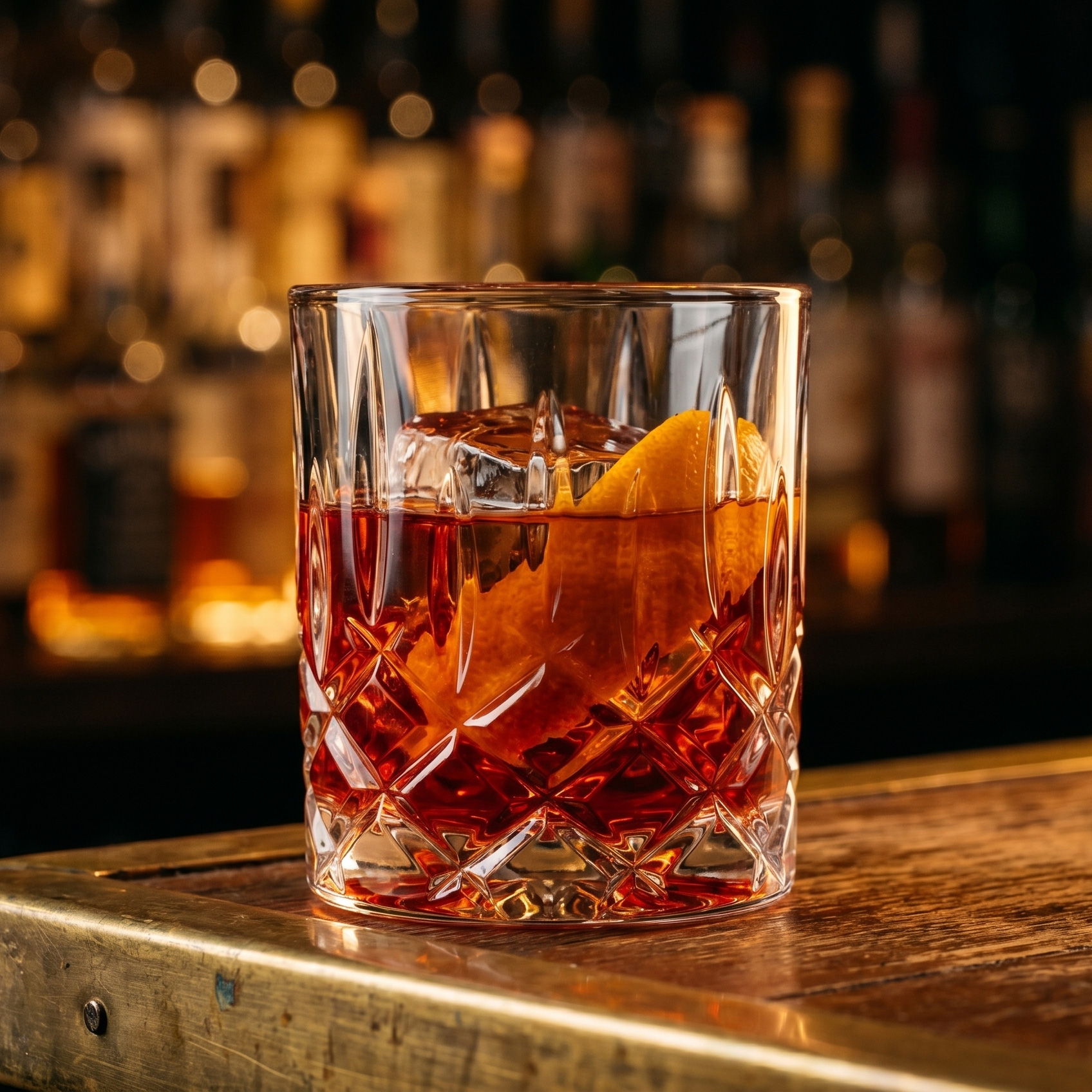 A cut-glass diamond-pattern Old Fashioned holding an amber spirit-forward cocktail with a large ice cube and an orange peel, set on a brass bar rail against a backbar of bottles