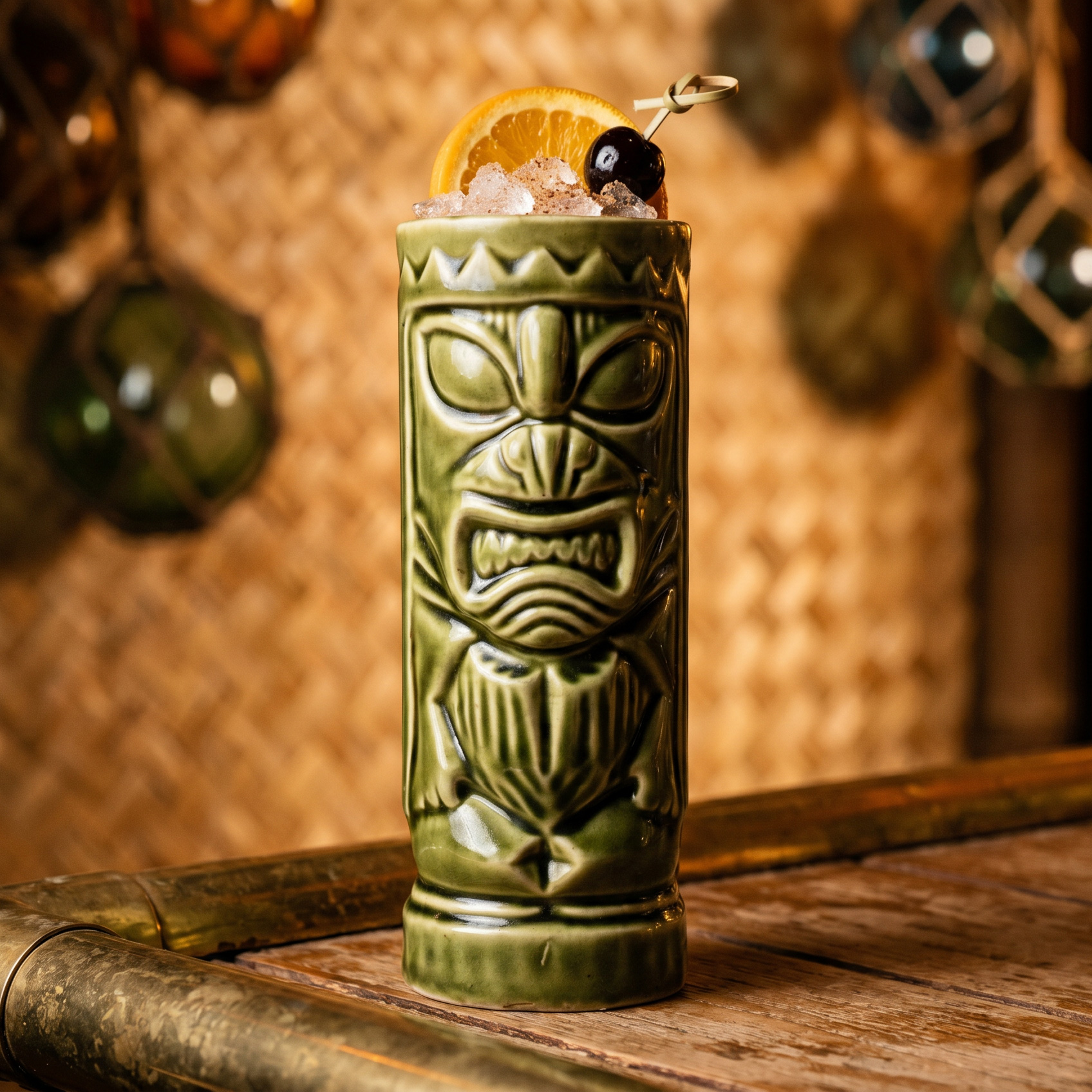 A tall green ceramic moai-style tiki mug filled with crushed ice and topped with an orange wheel and a brandied cherry on a pick, set against a lauhala-mat backdrop with hanging glass-float lights