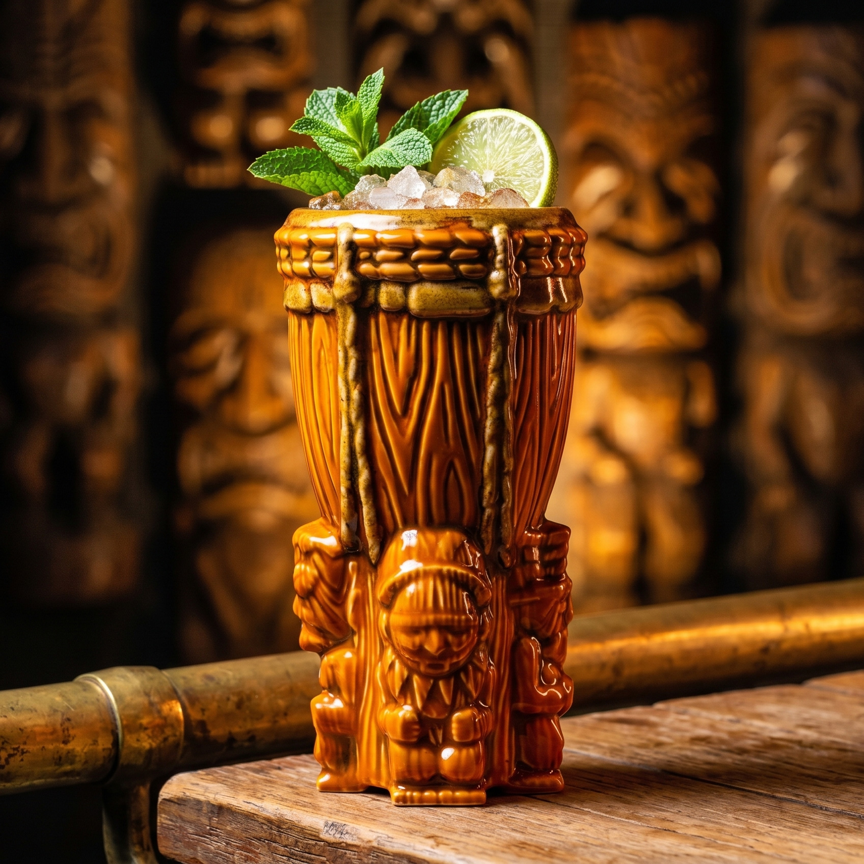 A tall brown ceramic tiki mug shaped like a thatched totem column, filled with crushed ice and garnished with a mint sprig and a lime wheel, set on a bamboo bar rail against a backdrop of carved tikis