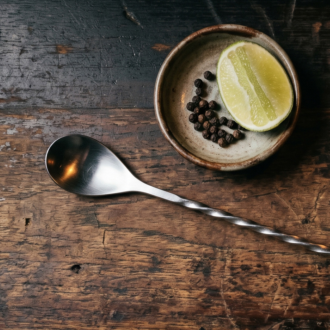 A bar spoon with a long twisted handle on a wooden bar