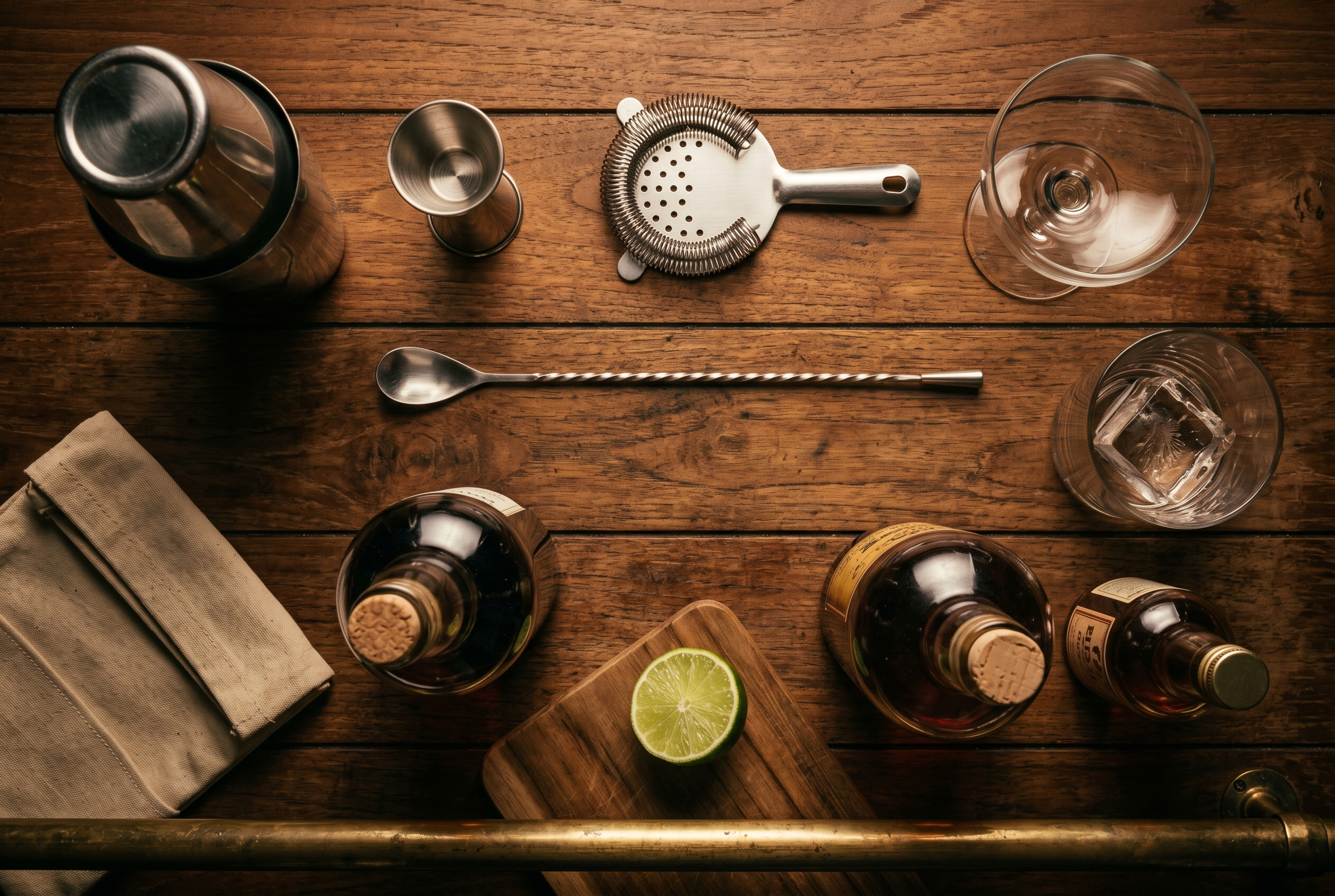 Working bar tools laid out together—jigger, shaker, strainer, muddler, and Lewis bag