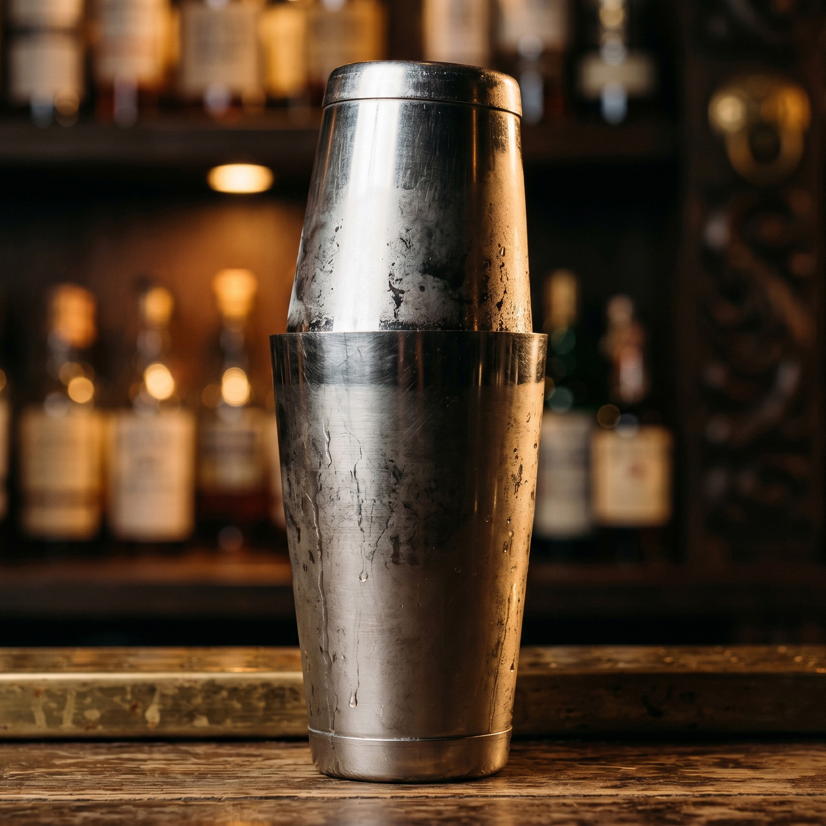 A two-piece tin-on-tin Boston shaker, the small tin seated inside the large, on a wooden bar
