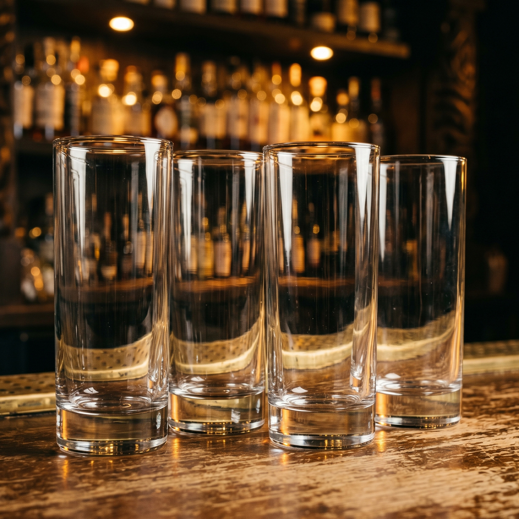 Four tall Collins glasses on a bar