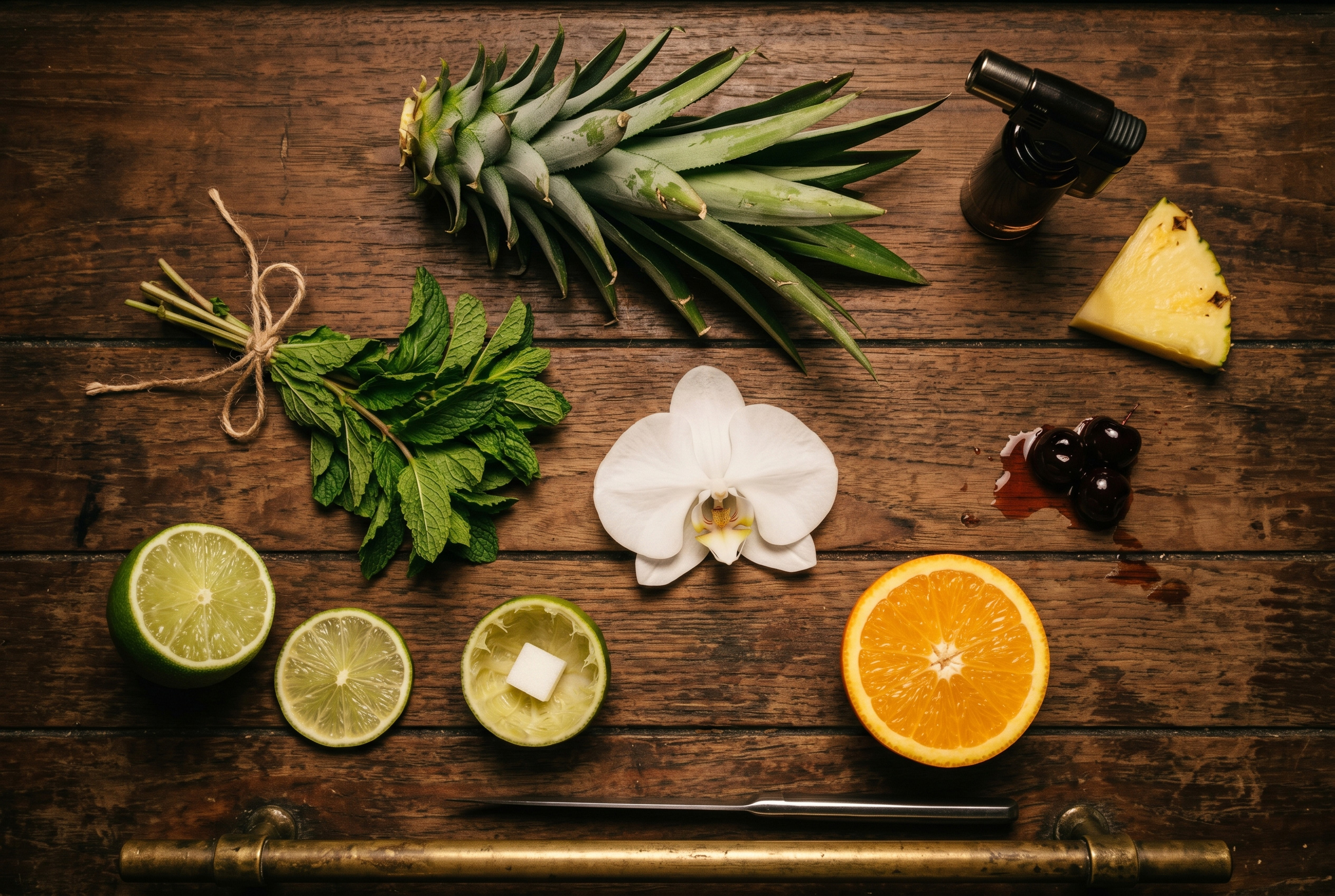 An array of canonical exotic-cocktail garnishes—orchids, mint sprigs, spent lime hulls, cherries on picks, paper umbrellas—on a dark teak bar surface