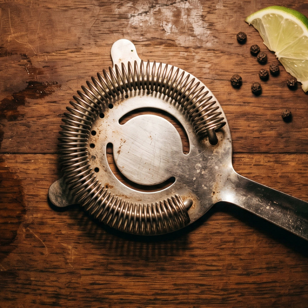 A Hawthorne strainer, the coiled-spring strainer for shaken drinks, seen from above on dark wood