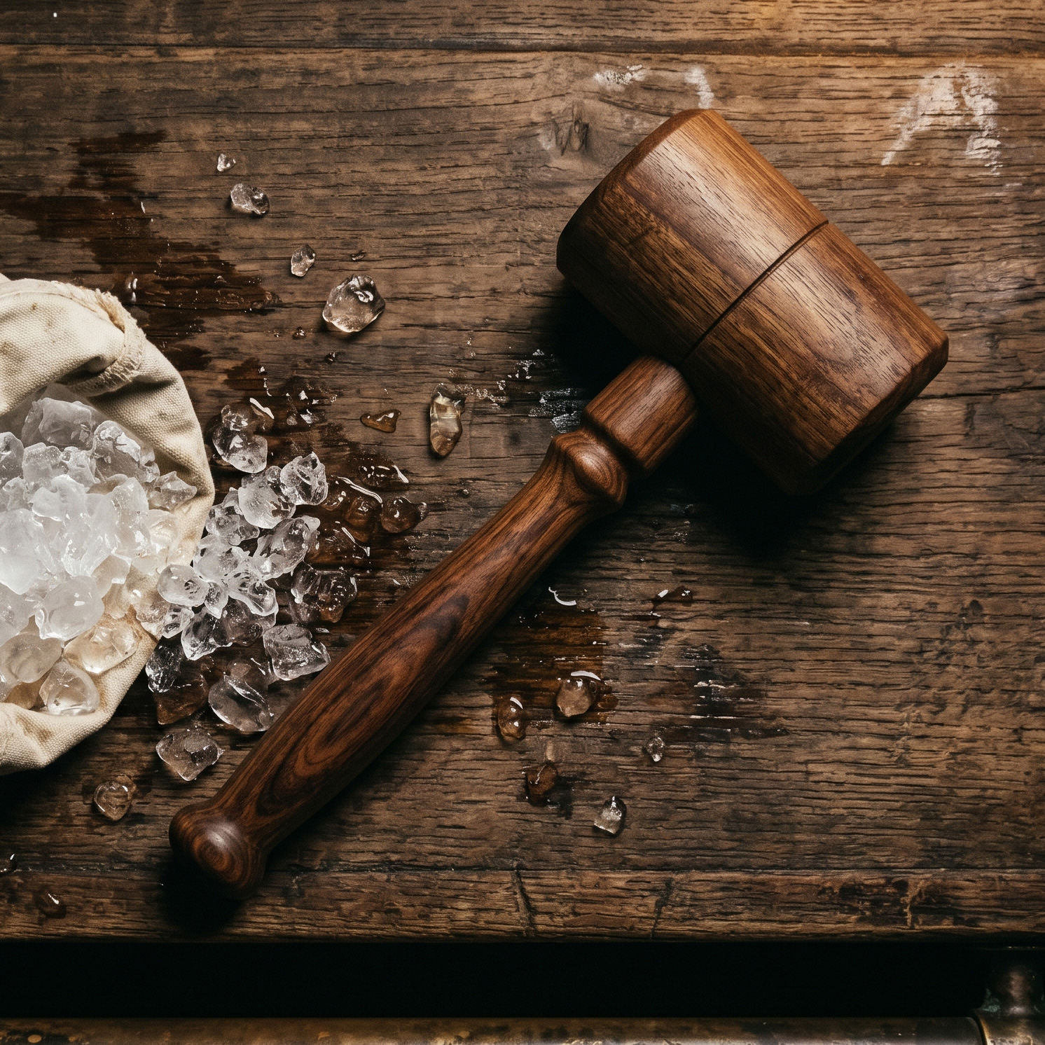 A wooden mallet beside a canvas Lewis bag of crushed ice