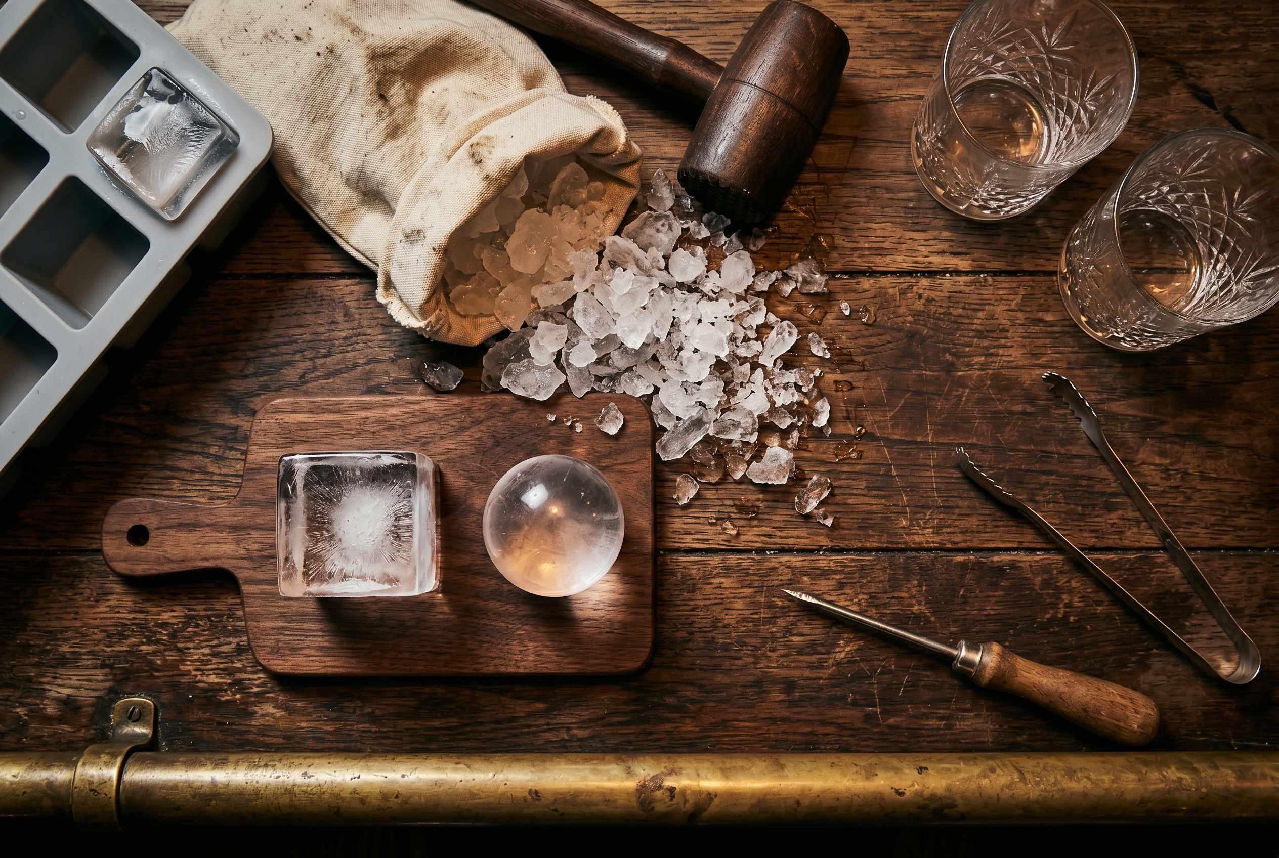 A Lewis bag of crushed ice, a Boston shaker, a swizzle stick, and a Kold-Draft block on a dark teak bar