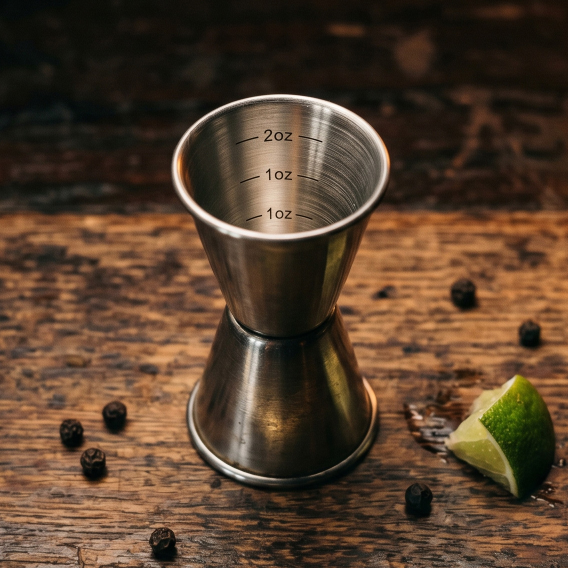 A Japanese double-cone jigger, measurement lines etched inside, on a wooden bar