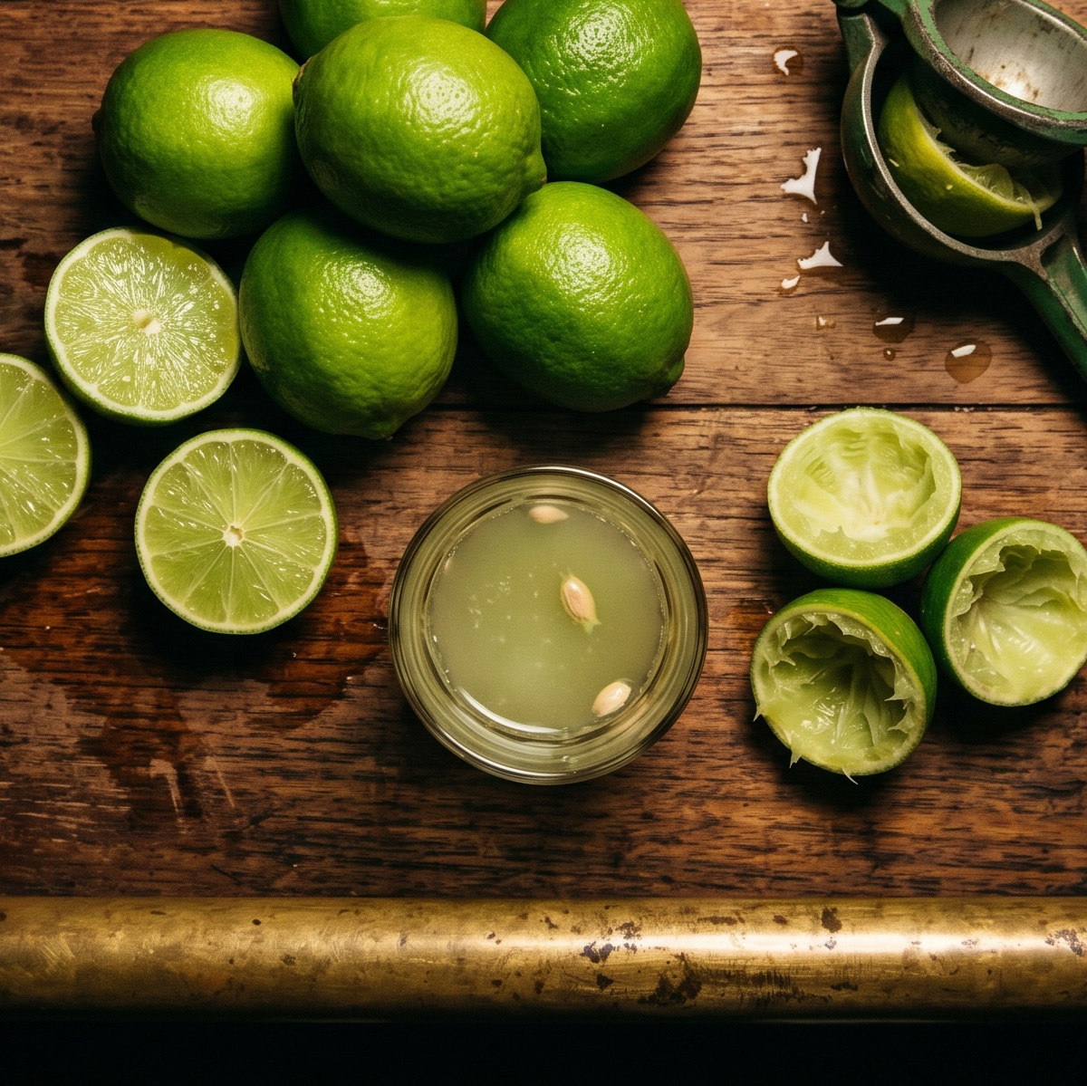 Fresh limes, halved and juiced, with a glass of lime juice on a wooden bar