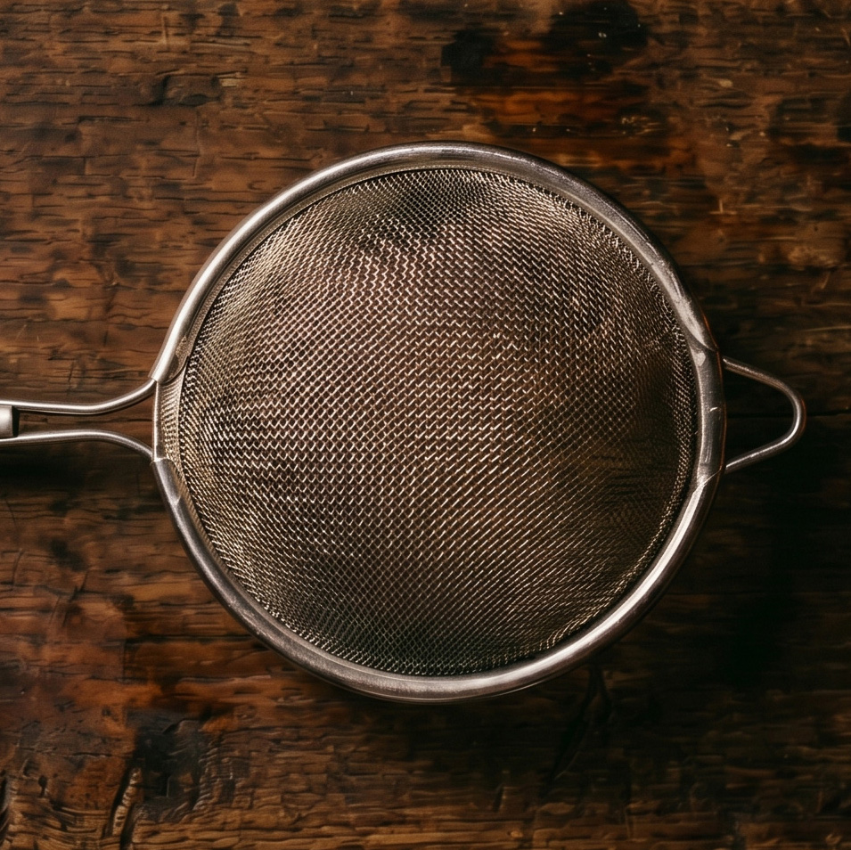 A conical fine-mesh strainer resting on a wooden bar