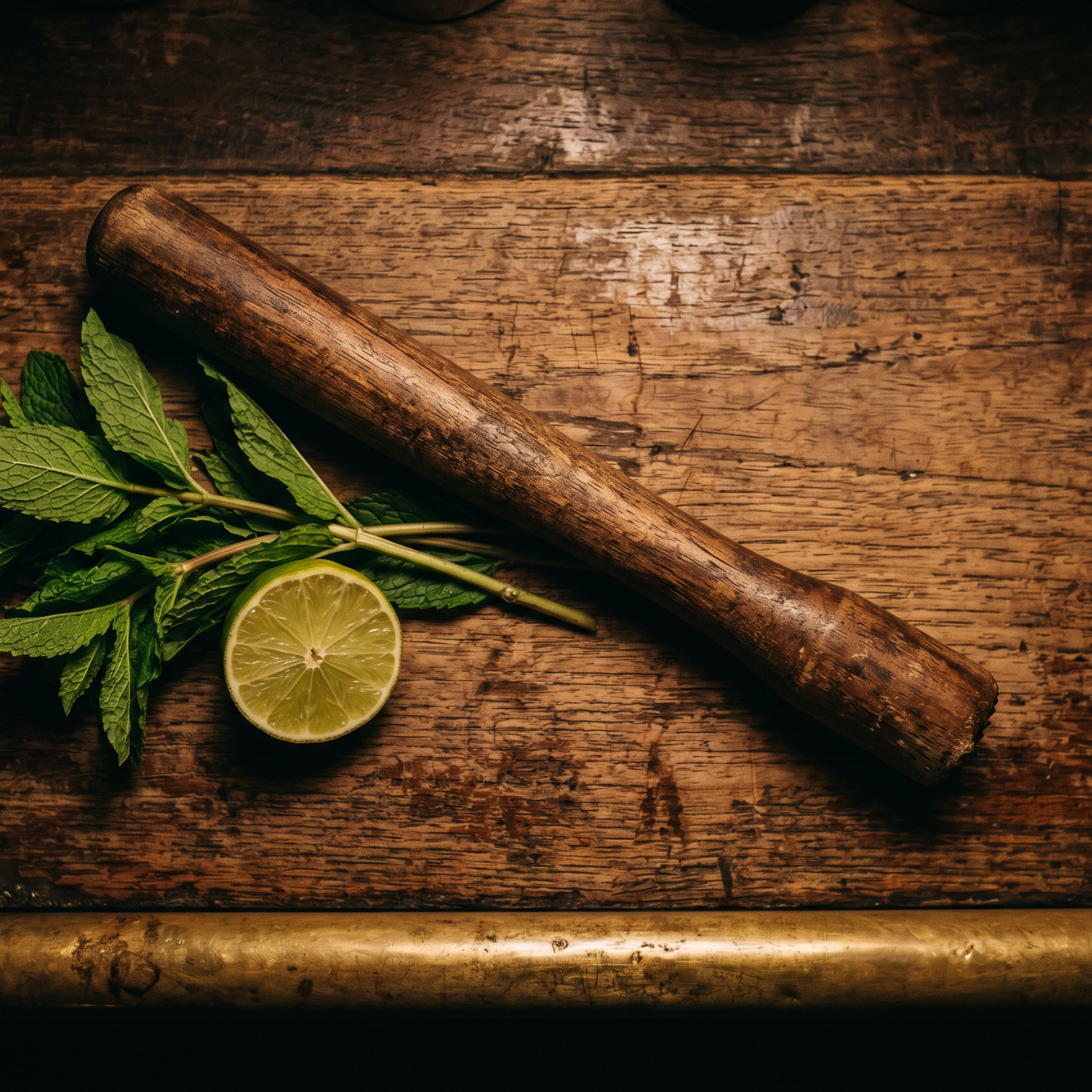 A wooden muddler on a bar with fresh mint and a lime half