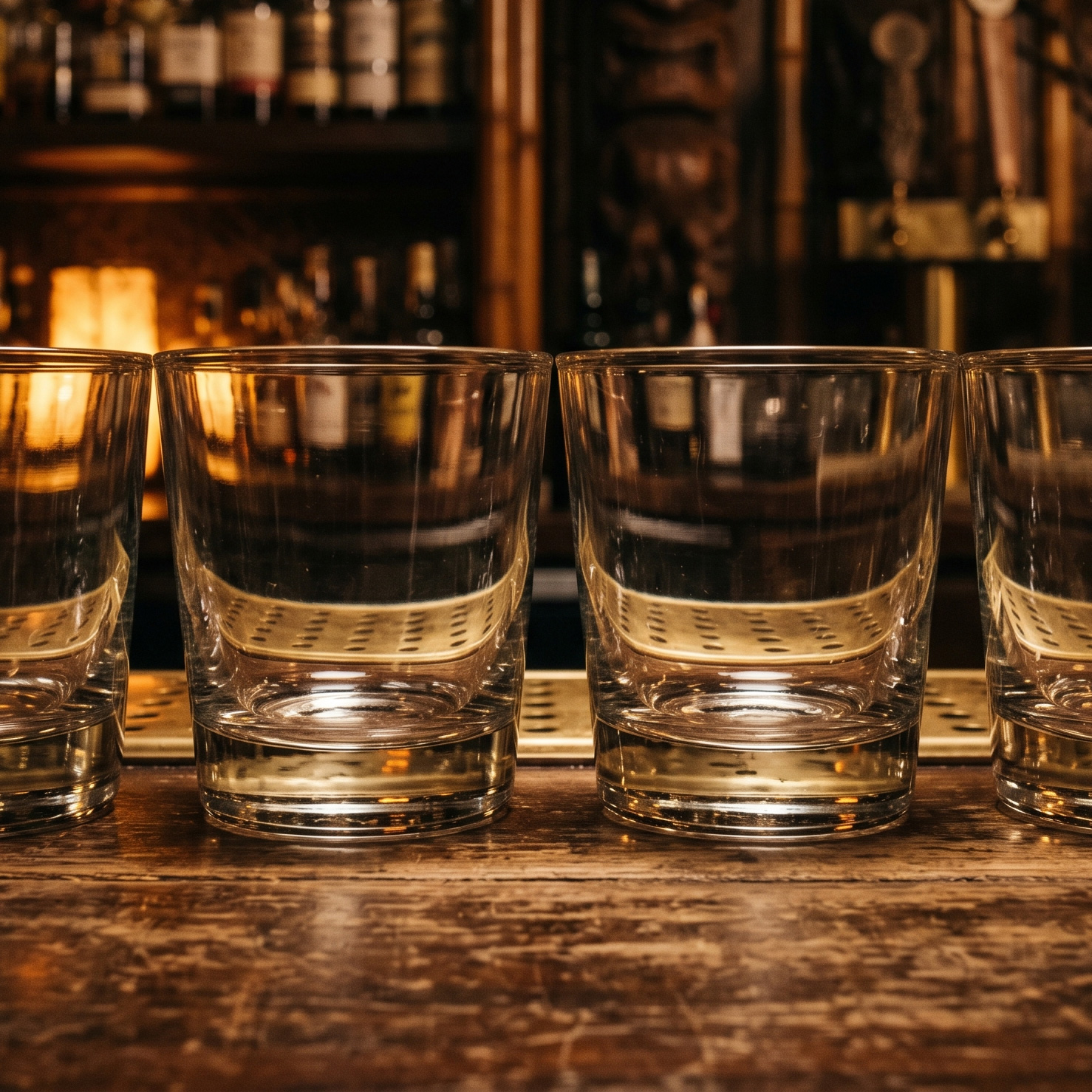 Four Old Fashioned rocks glasses lined up on a bar
