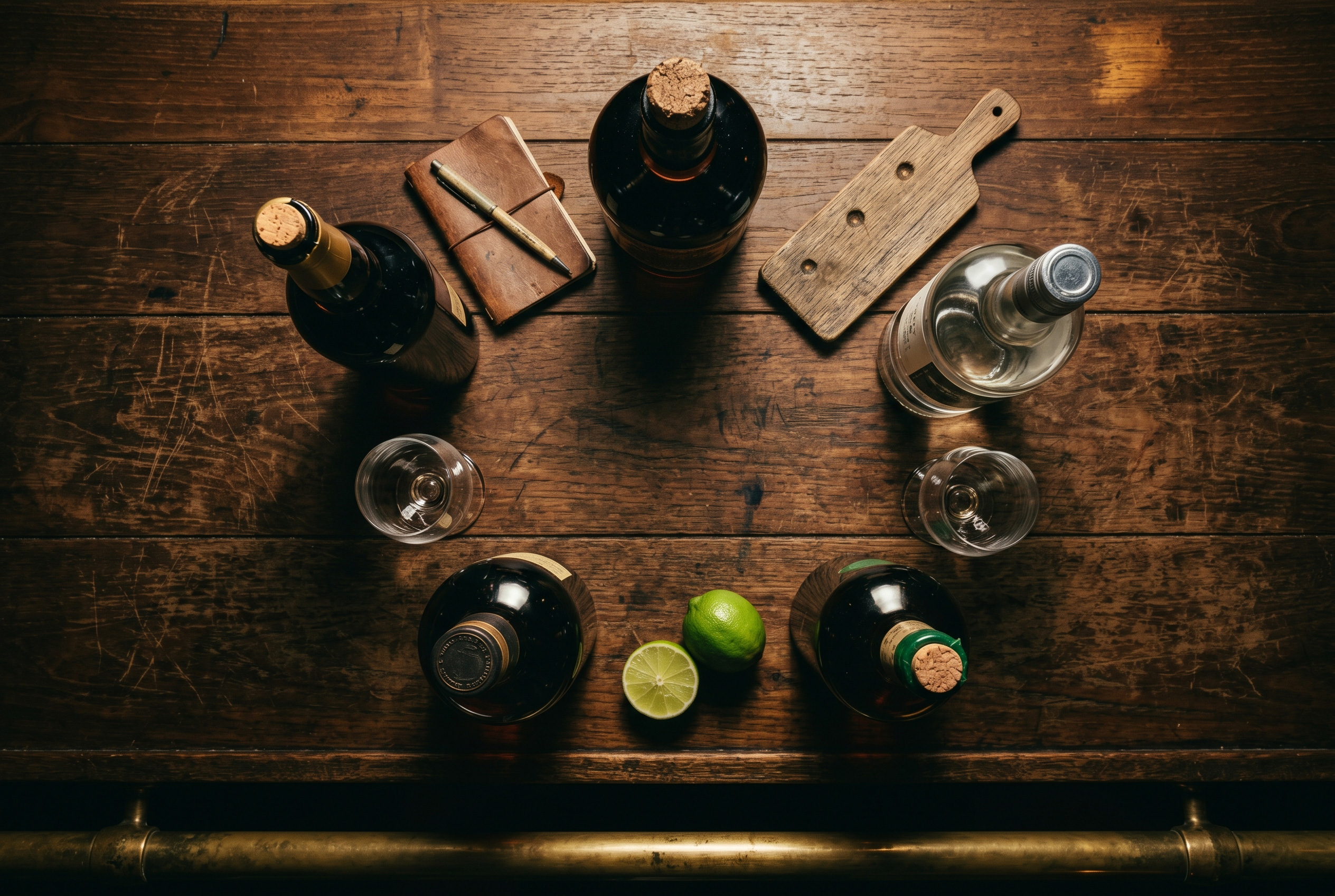 A working-bar rum lineup—pot-still Jamaicans, Demeraras, and overproofs laid out together
