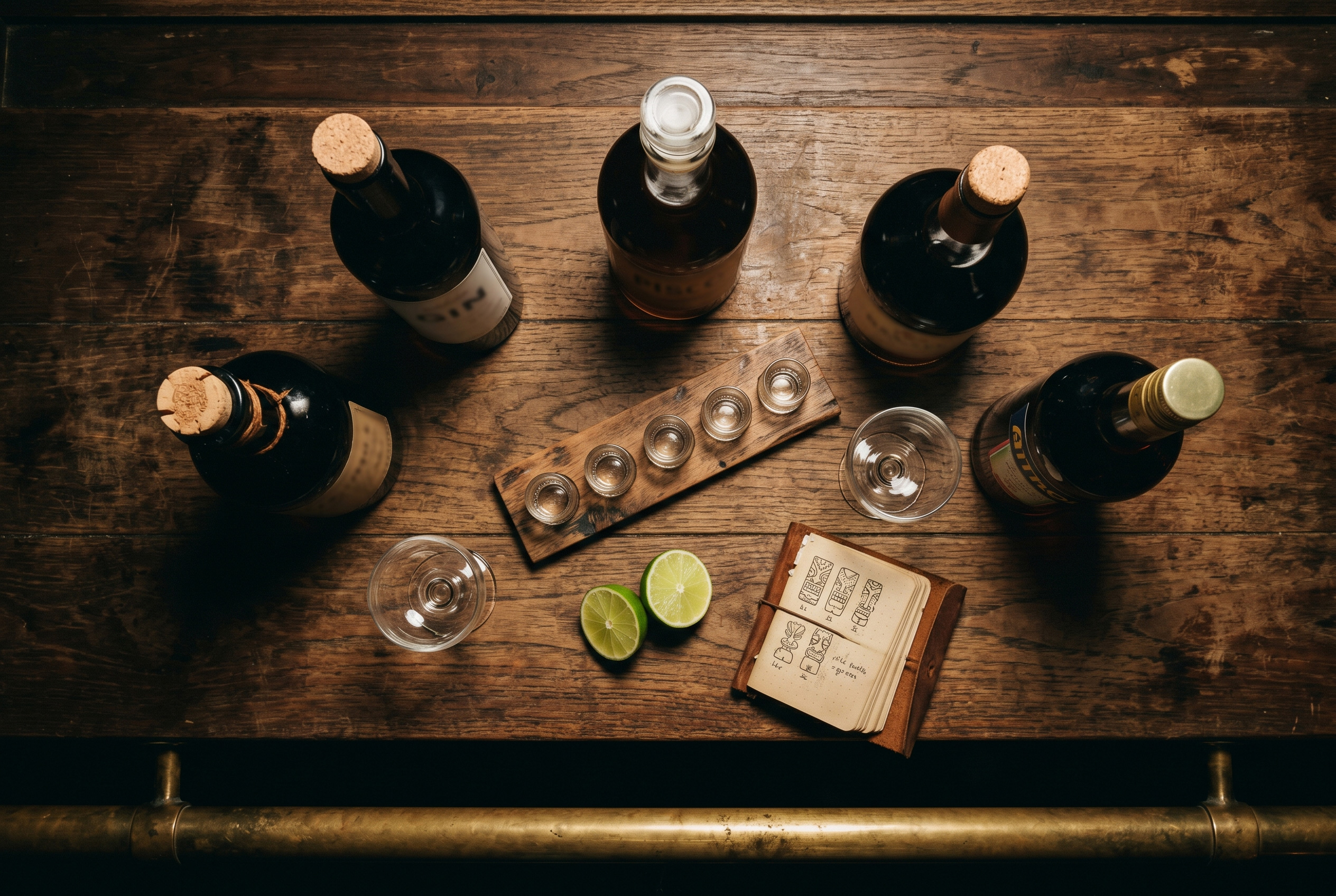 A working bar with gin, cognac, tequila, and pisco bottles arranged alongside the rum shelf