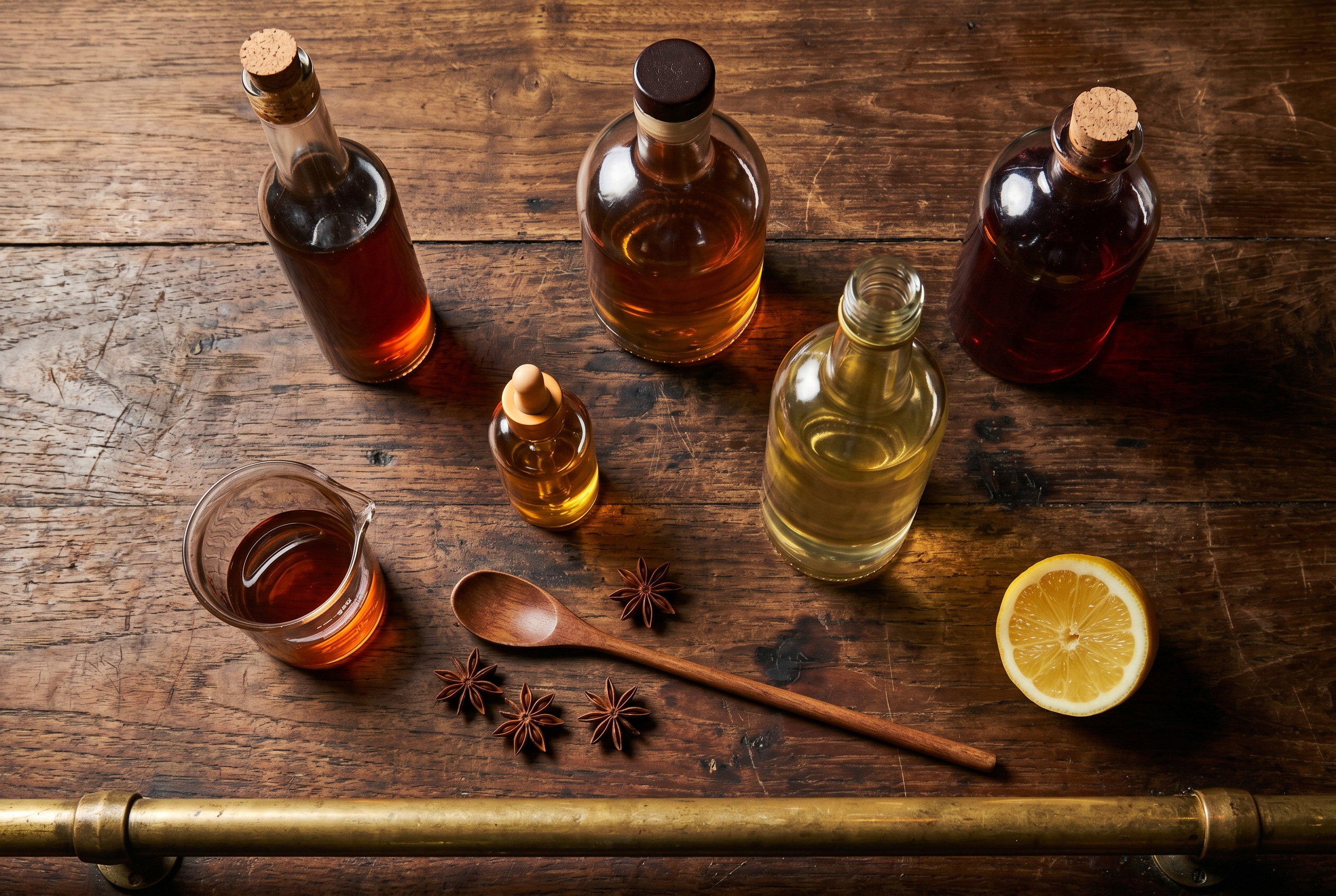 A working-bar syrup and liqueur lineup—orgeat, falernum, passion fruit, demerara, curaçao, and maraschino on a dark teak surface