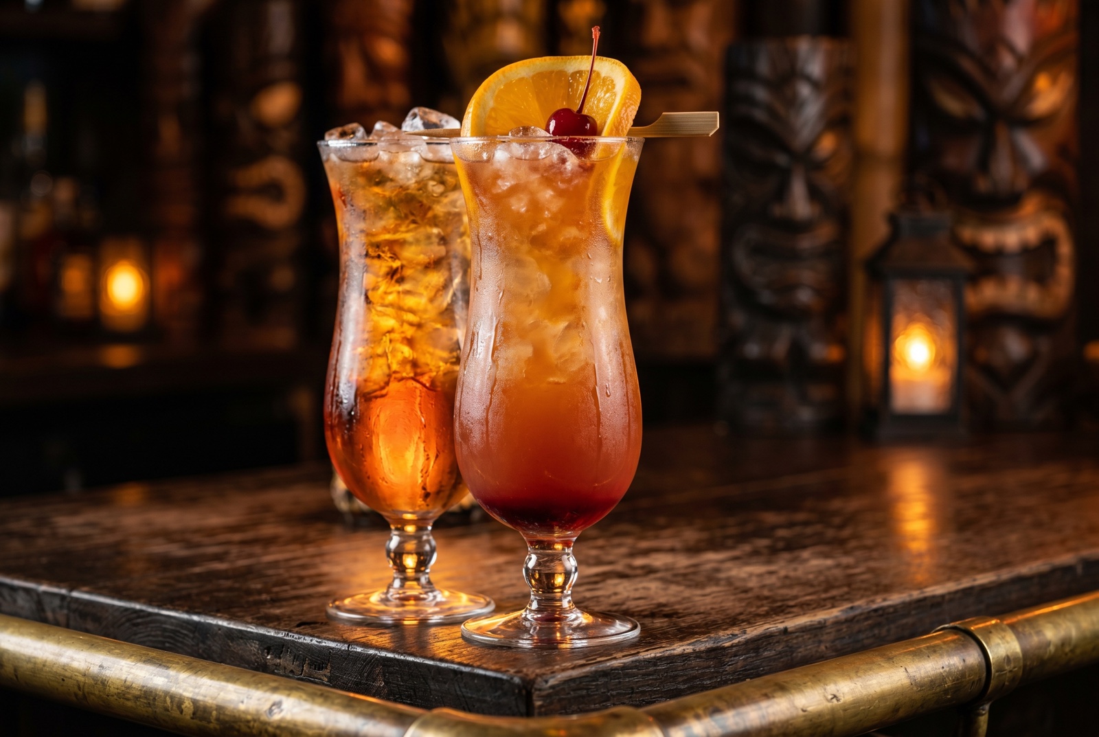 A Bahama Mama in a hurricane glass—rum, coconut, citrus, and grenadine over crushed ice