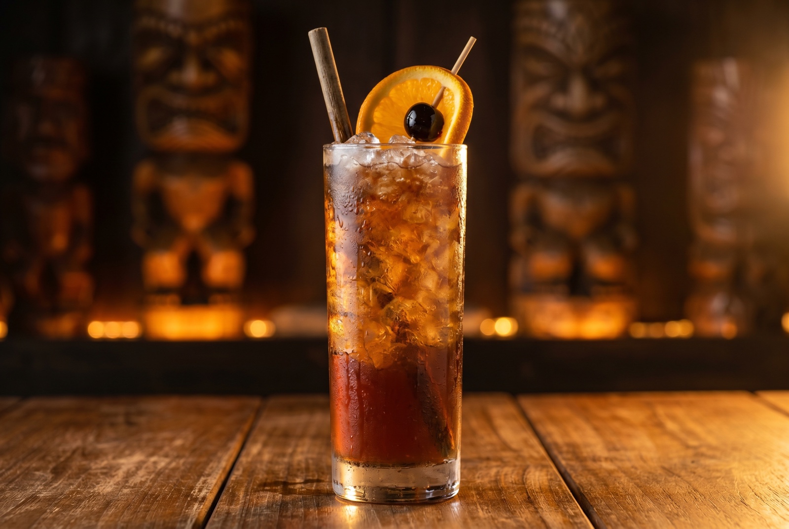 A Bermuda Rum Swizzle—Goslings rum, citrus, falernum, and Angostura spun cold with a swizzle stick, orange wheel and cherry on top