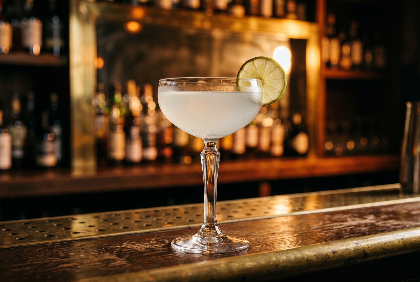 A classic Daiquiri—white rum, fresh lime, and sugar shaken hard and served up in a chilled coupe