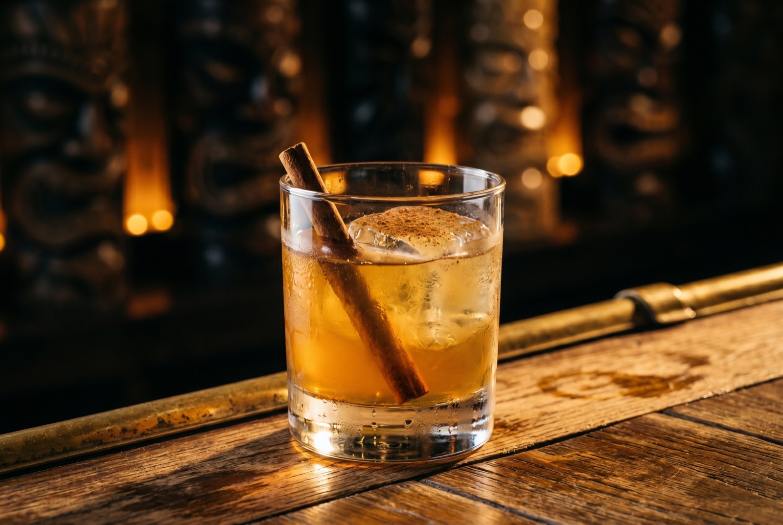 Golden Emperor cocktail, warm golden-amber in a rocks glass over ice with a cinnamon stick, against the dark mask-lined Forbidden Altar bar
