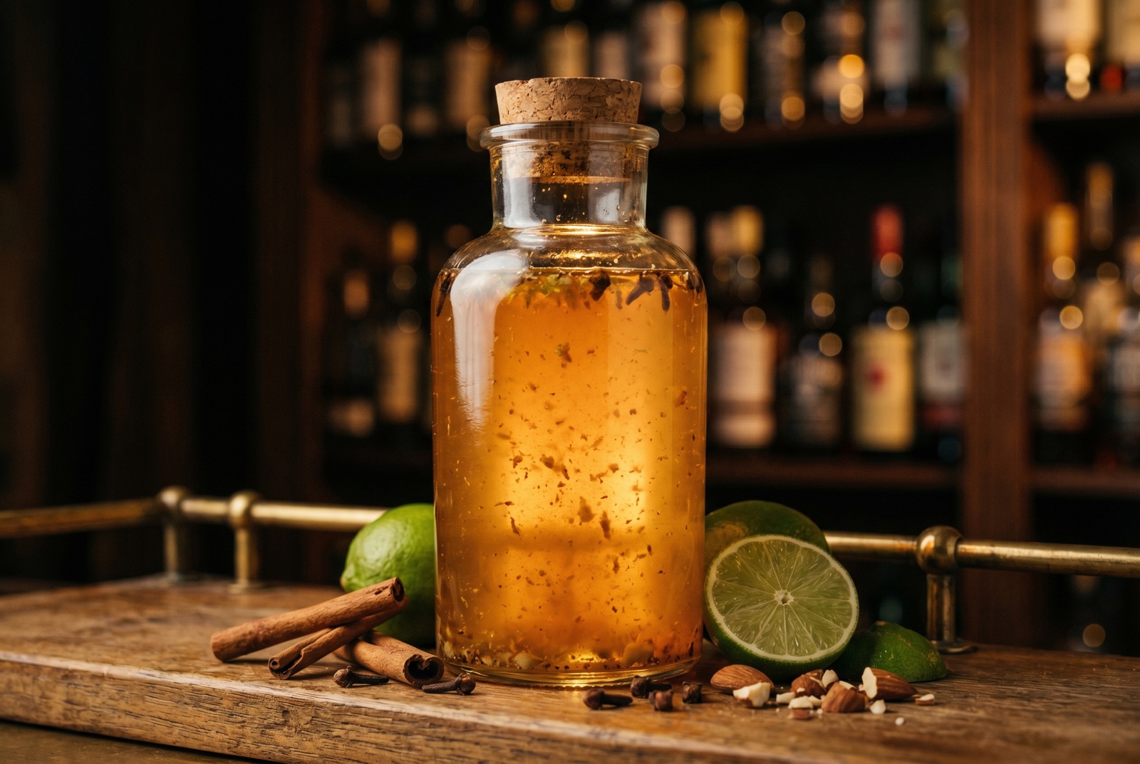 Homemade falernum syrup in a glass bottle, golden-amber with visible spice particles, beside fresh limes and broken cinnamon