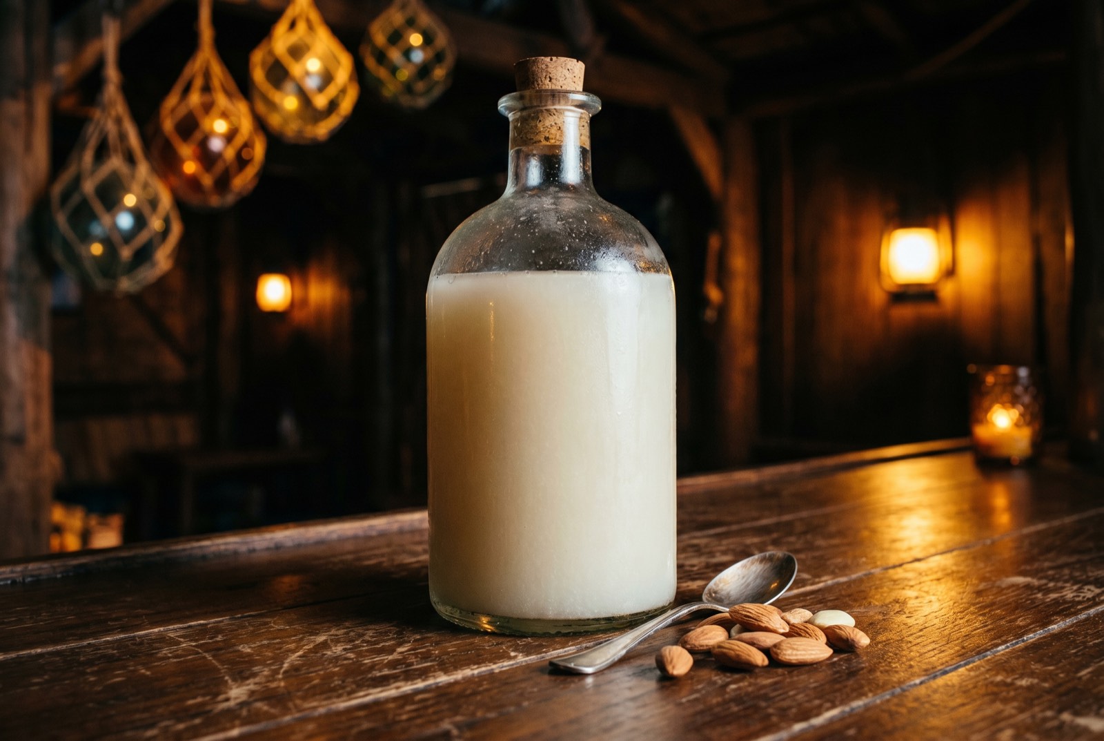 A corked glass bottle of homemade orgeat syrup, milky almond-white, with scattered almonds on the dark teakwood bar of the Forbidden Altar
