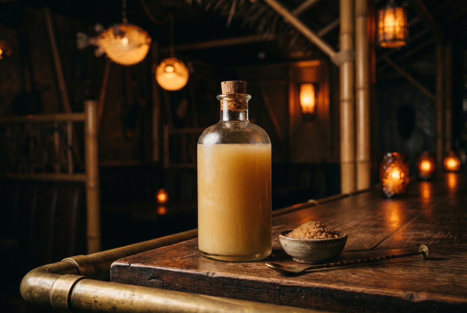 Homemade rich simple syrup—2:1 demerara sugar to water, the working sweetener for canonical exotic cocktails