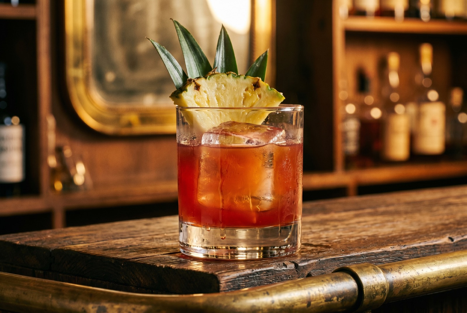 Jungle Bird (Gonzalez Revision), deep red-orange in a rocks glass over a large clear ice cube with a pineapple wedge and fronds, against a mirrored backbar in the dim Forbidden Altar room