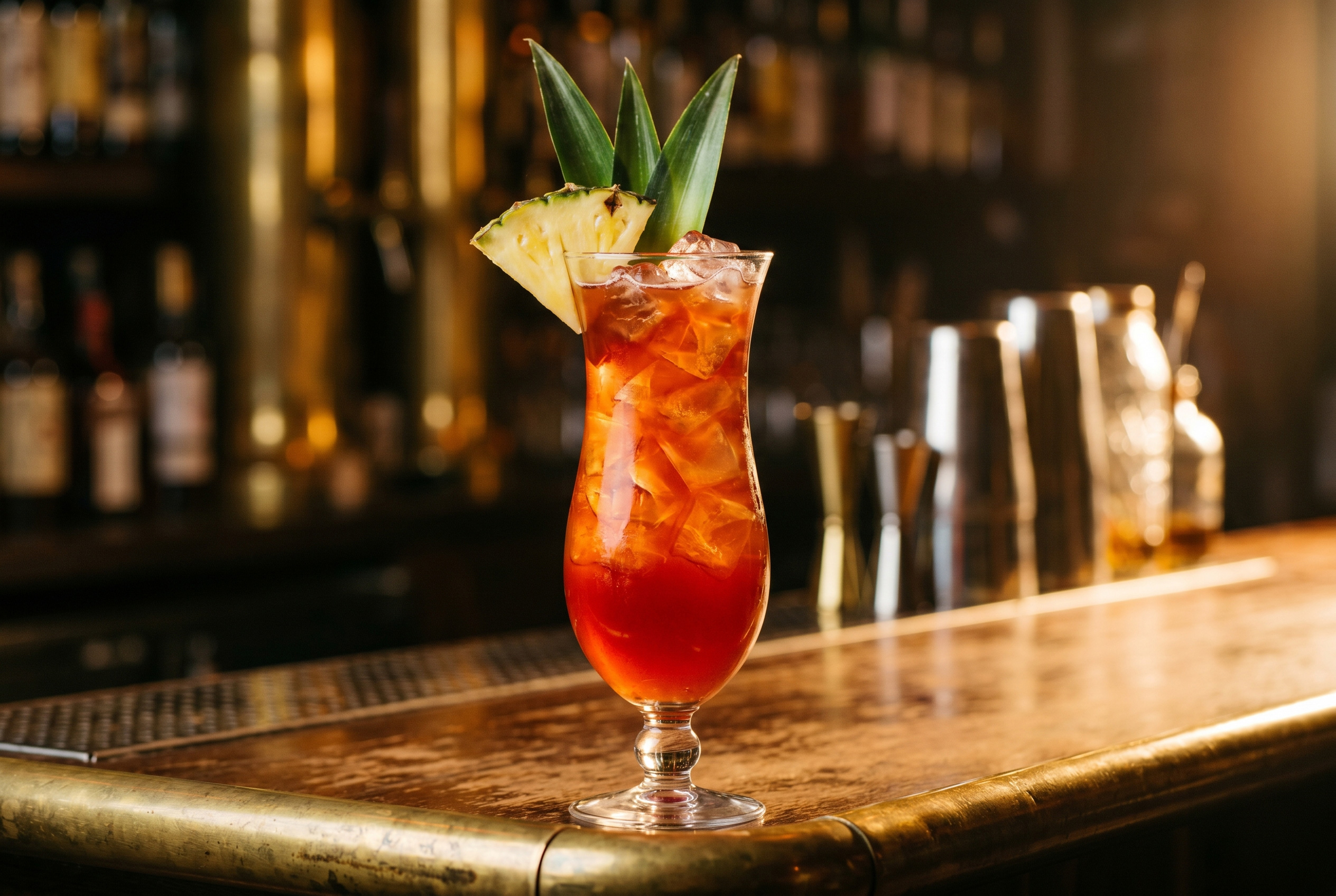Jungle Bird cocktail, deep red-orange in a tall hurricane glass over cubed ice with a pineapple wedge and fronds, on a brass-rimmed wood bar in the dim Forbidden Altar room