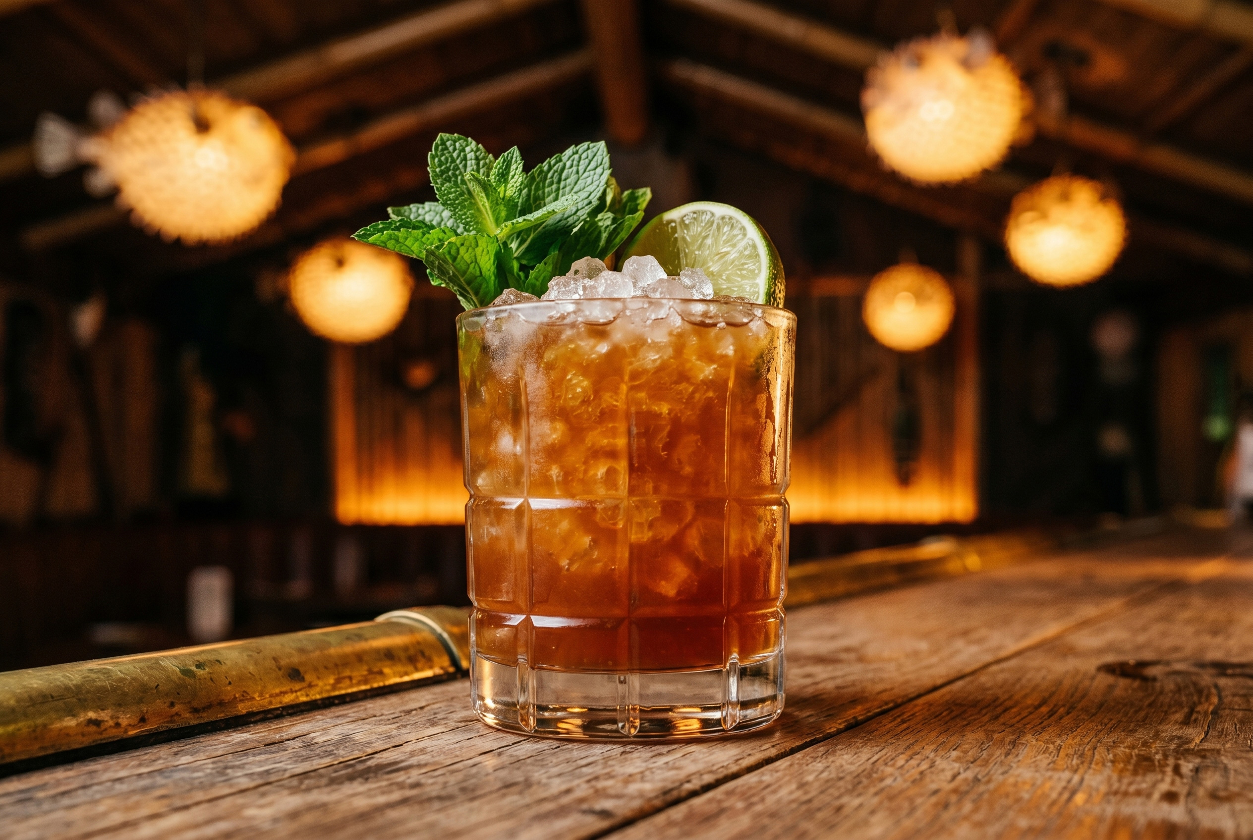 Mai Tai cocktail in a double rocks glass over crushed ice with a mint sprig and lime wheel, lit by warm tungsten light against the dark, mask-lined bar of the Forbidden Altar