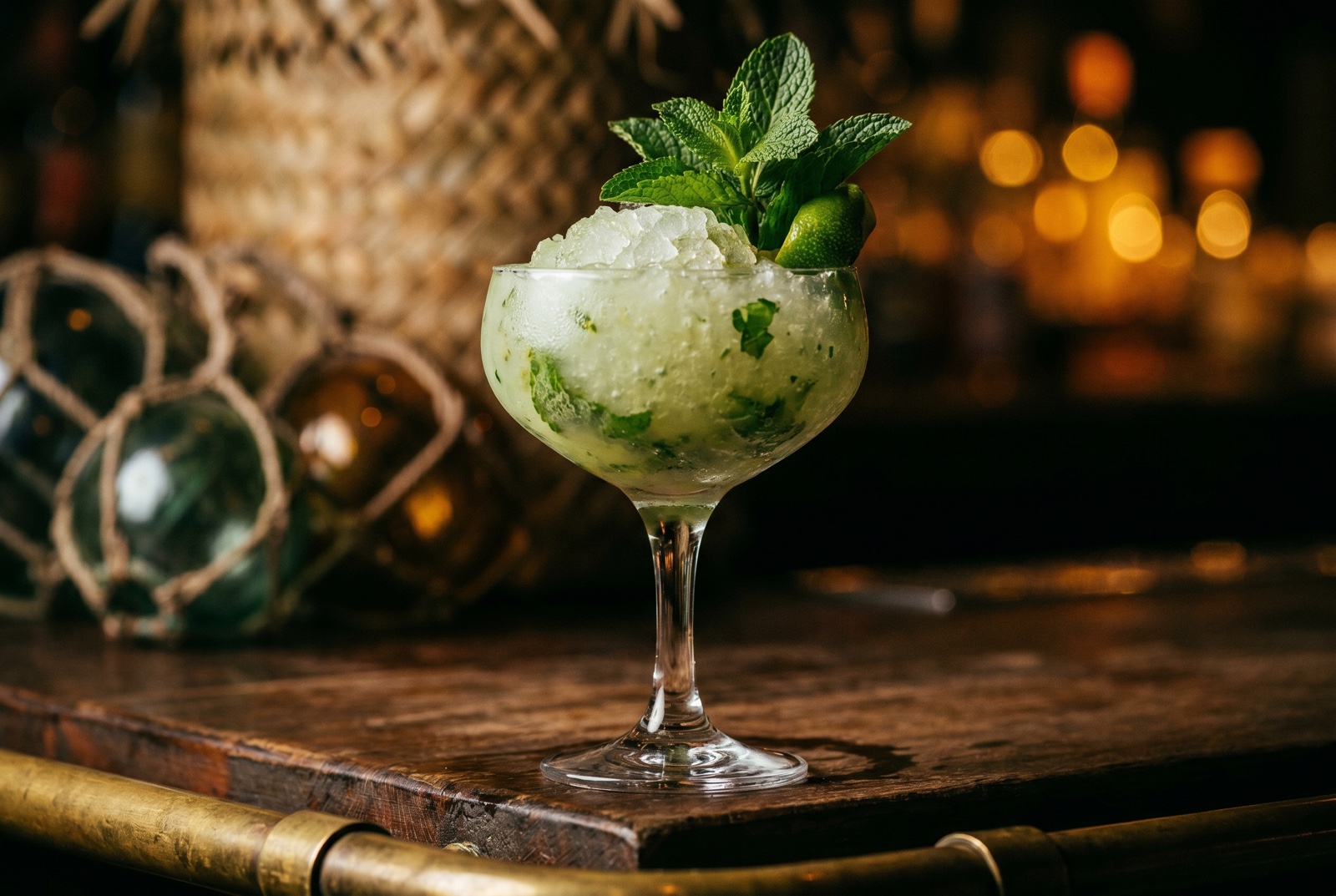 Donn Beach’s Missionary’s Downfall—light rum, peach brandy, mint, pineapple, lime, and honey, flash-blended