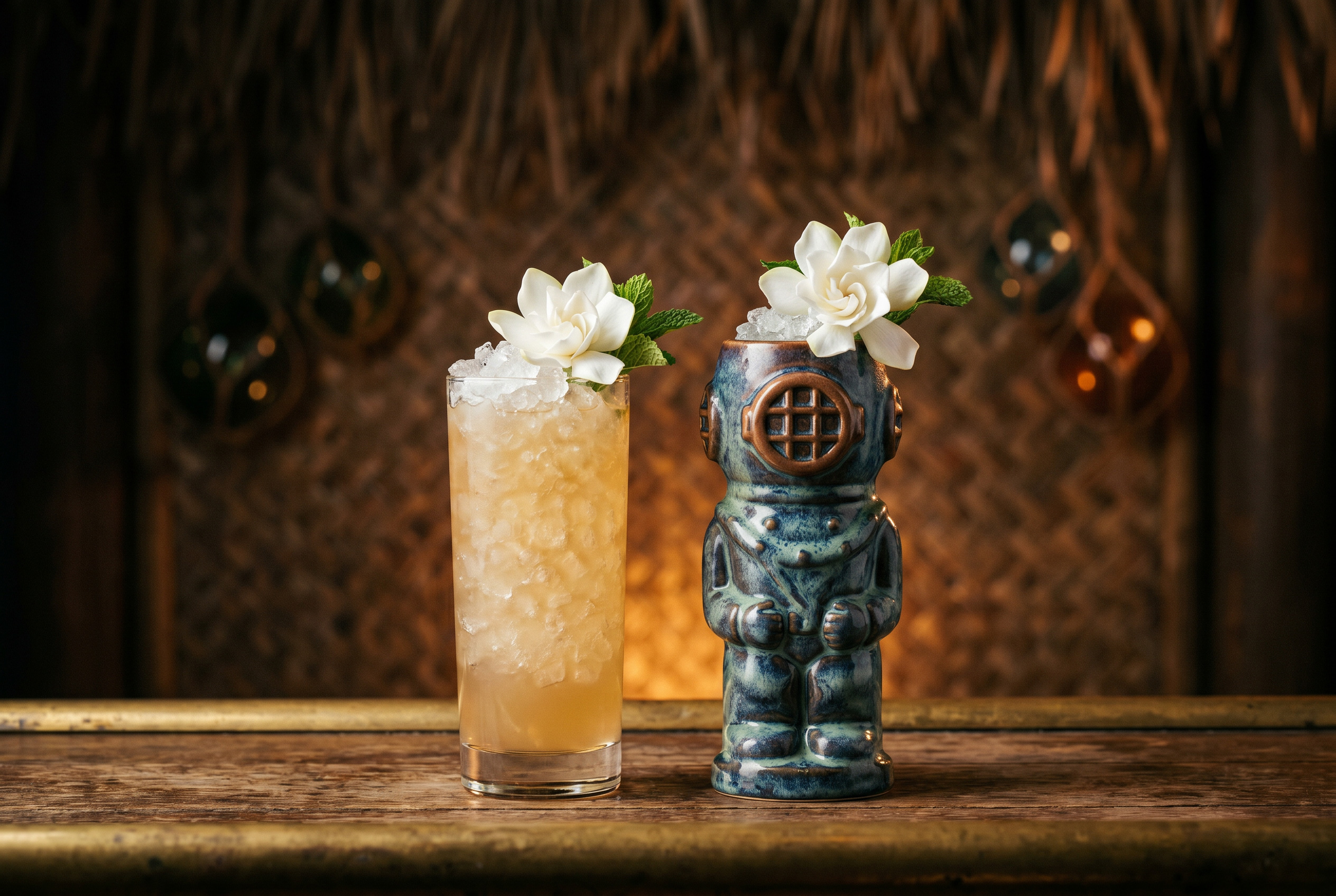 The Pearl Diver shown two ways—the canonical tall glass on the left and the sculpted Tiki Farm pearl-diver mug on the right, both packed with crushed ice and a fresh white gardenia bloom on top, in the dim Forbidden Altar bar