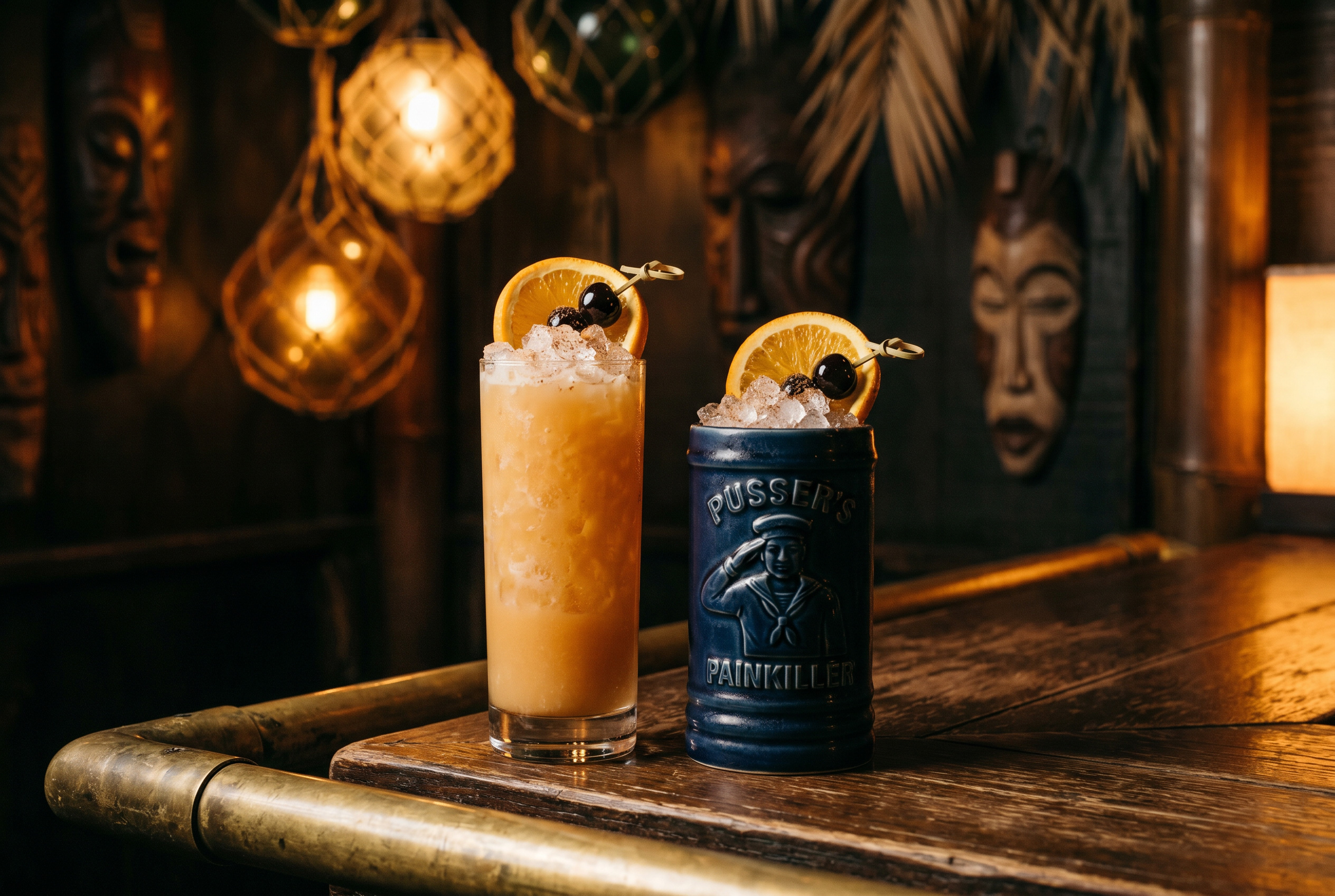 The Pusser’s Painkiller shown two ways—the canonical tall Collins glass on the left and the navy-blue Pusser’s ceramic mug on the right, both packed with crushed ice, dusted with fresh-grated nutmeg, and garnished with an orange wheel and a brandied cherry, in the dim Forbidden Altar bar