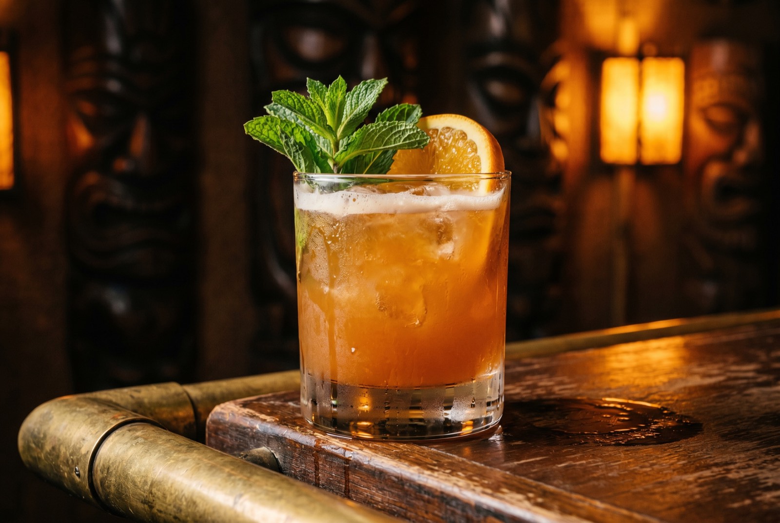 Sailor’s Grog in a heavy double old-fashioned glass, amber-orange with mint and an orange slice, against the dark mask-lined Forbidden Altar bar