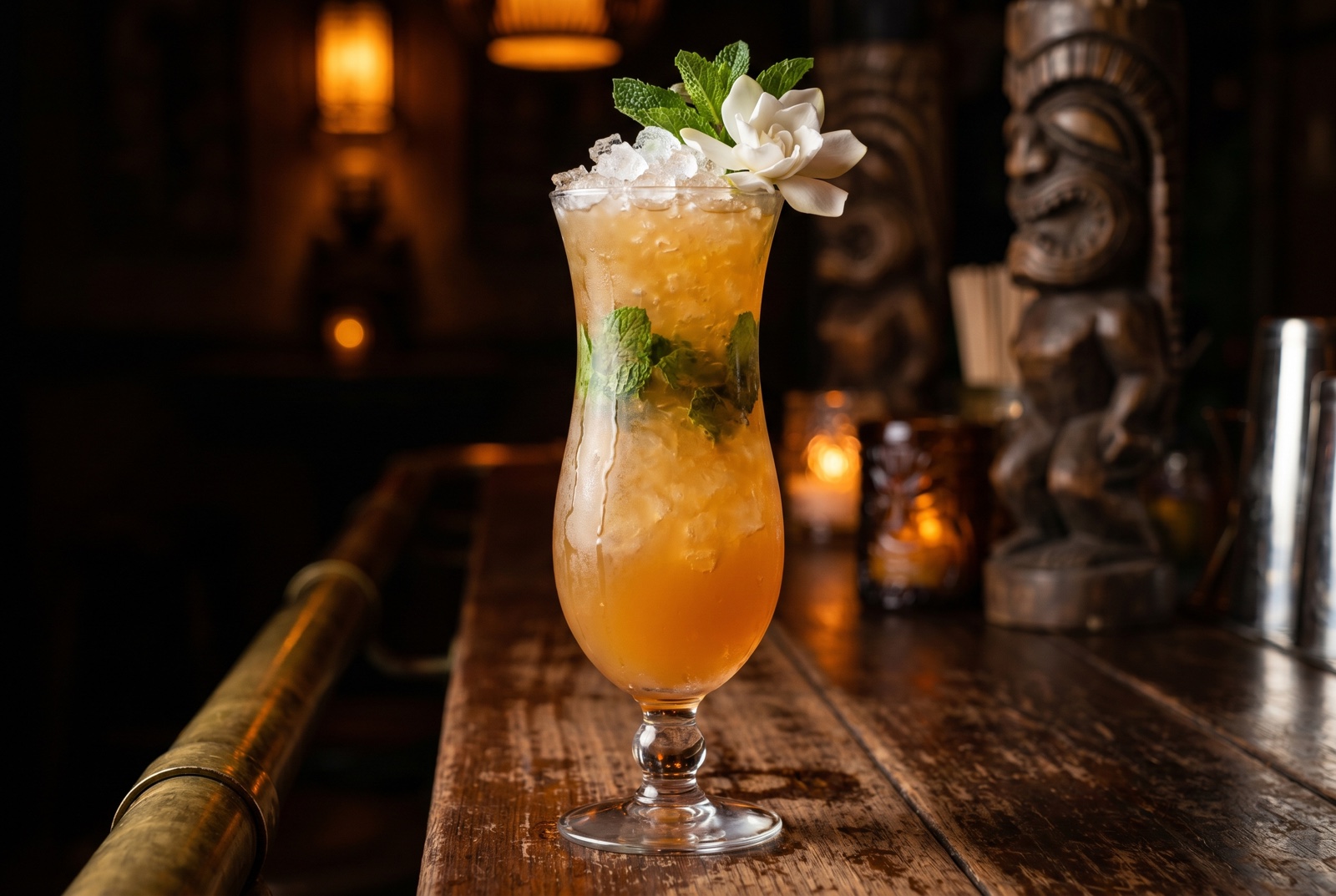 Trader Vic’s Scorpion in the shared bowl serve—rum, brandy, citrus, and orgeat with mint and gardenia