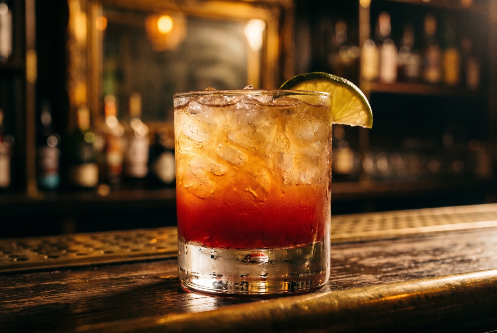 Shark’s Tooth cocktail in a rocks glass over crushed ice, fading from red grenadine to gold, with a lime wedge, in the dark Forbidden Altar bar