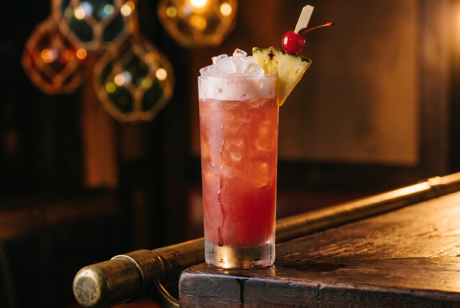 Singapore Sling in a hurricane glass—gin, cherry brandy, Cointreau, Bénédictine, pineapple, lime, and grenadine under a foam crown, with pineapple wedge and cherry on a pick