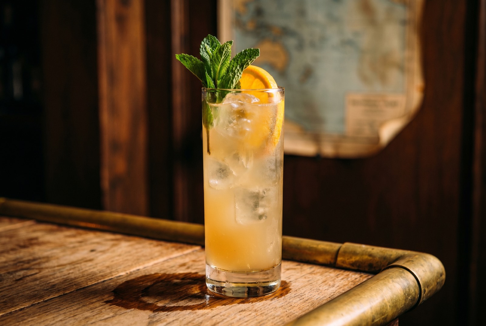 Suffering Bastard in a tall Collins glass, cloudy pale gold topped with ginger beer, a mint sprig and orange slice, in the dim Forbidden Altar bar