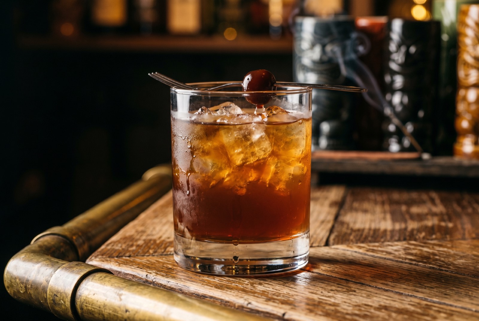 Test Pilot cocktail in a heavy double old-fashioned glass, dark amber over ice with a maraschino cherry on an oyster fork, in the Forbidden Altar bar