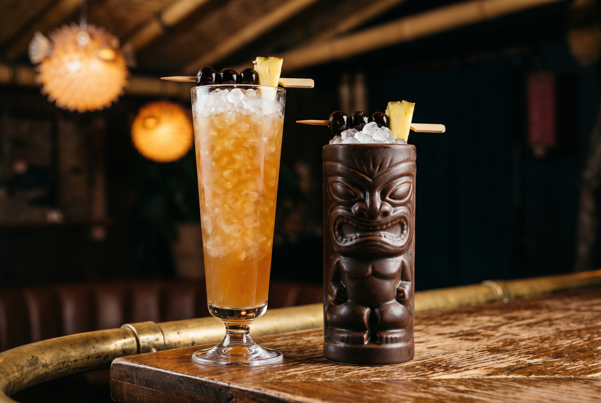 Three Dots and a Dash shown two ways—the canonical tall footed pilsner glass on the left and a dark-glazed carved tiki mug on the right, both packed with crushed ice and the Morse-code skewer (three brandied cherries plus a pineapple chunk spelling V) laid across each rim, in the dim Forbidden Altar bar