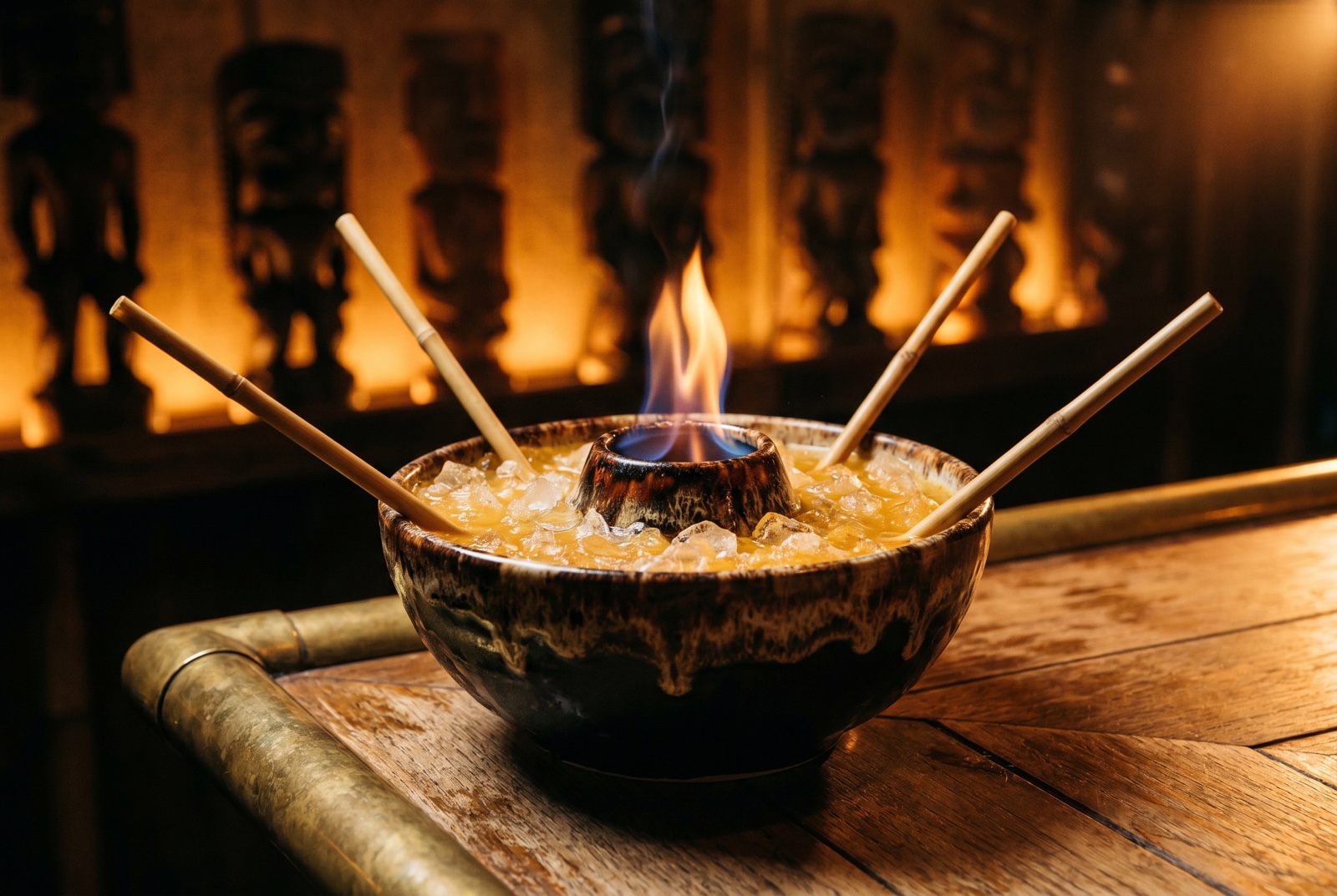 Volcano Bowl cocktail in a ceramic tiki vessel with flaming center well, multi-rum punch surrounding it, four long straws, the Forbidden Altar bar in shadow behind