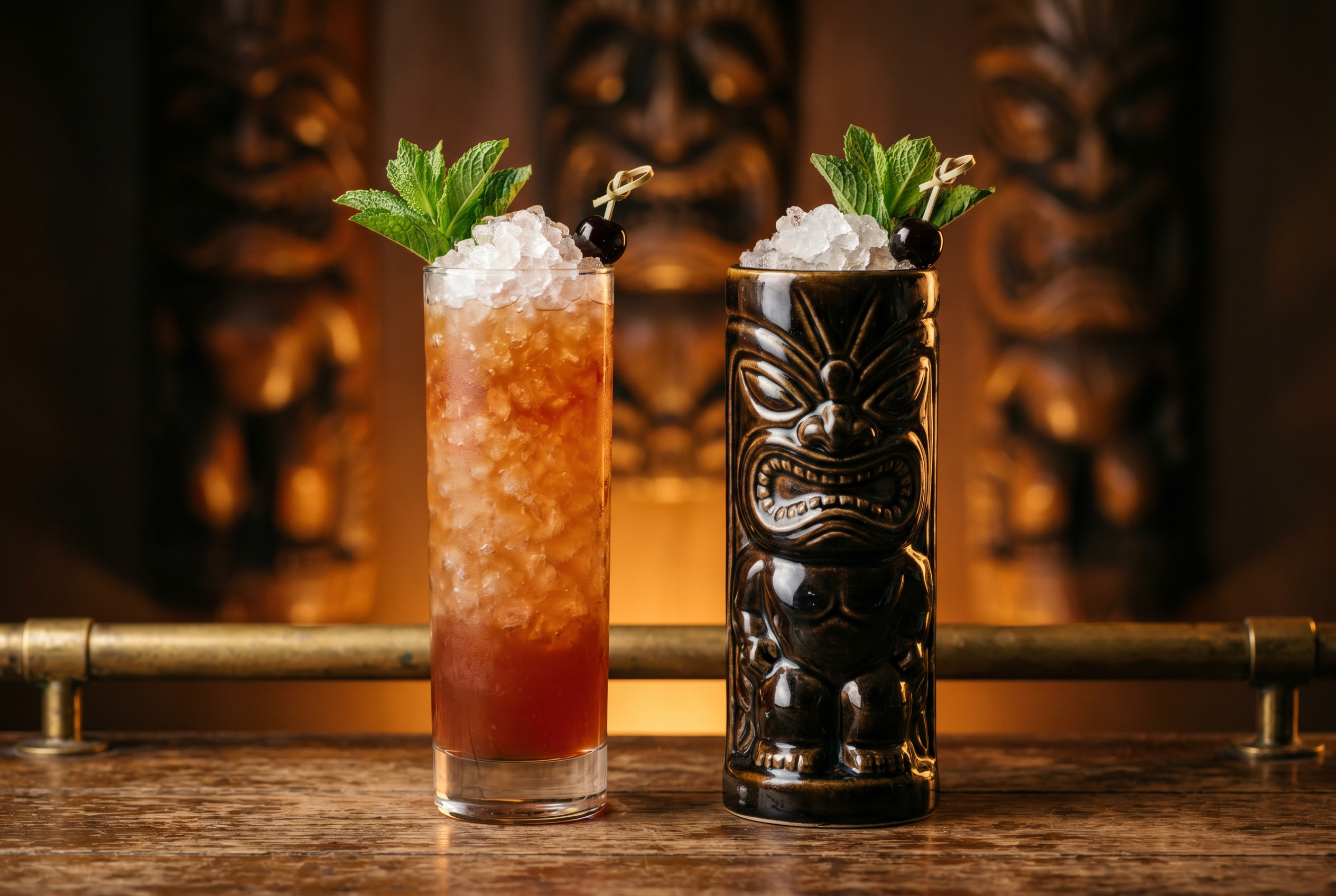 The Zombie shown two ways—the canonical tall chimney glass on the left and the ceremonial dark-ceramic carved tiki mug on the right, both packed with crushed ice and a mint sprig, in the dim Forbidden Altar bar